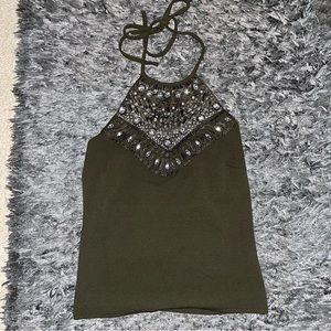 Olive Green Rhinestone Halter Top